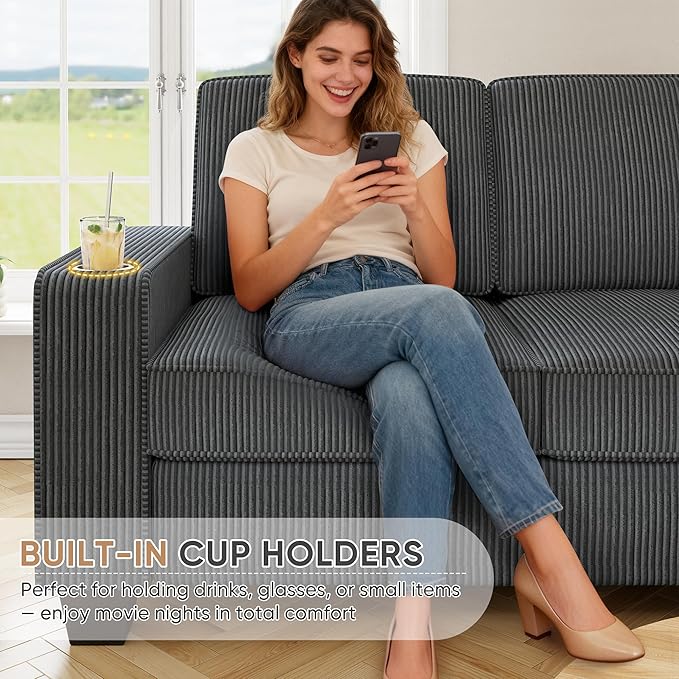 83.86 Corduroy 3-Seater Sofa with Extra Deep Seat Modern Cloud Couch with 2 Cup Holders Comfy Upholstered Sofa for Living Room Apartment &amp Office Grey