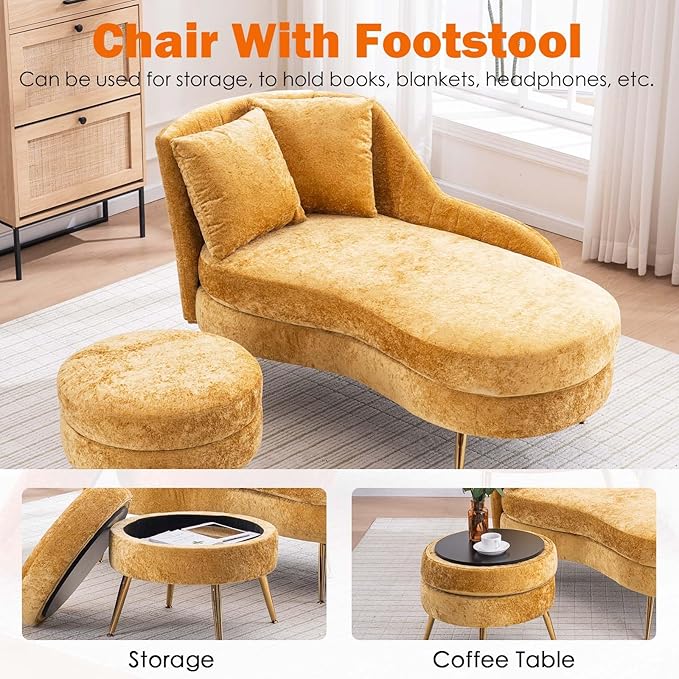Chaise Lounge Chair Indoor Chenille Upholstered Chair with Left Armrest &amp Pillow Modern Lounge Chairs Sofa with Footstool for Living Room Bedroom Office (Yellow)