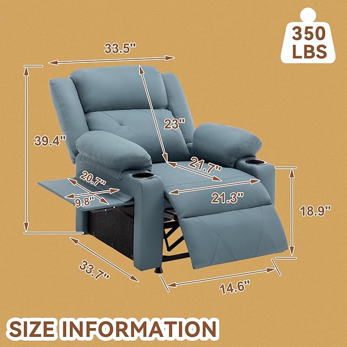Aklaus Recliner Chair with Foldable Side Table Massage and Heat Reclining Chair Home Theater Seating Reclining Sofa with Side Pockets Cup Holders for Living Room BedroomBlue