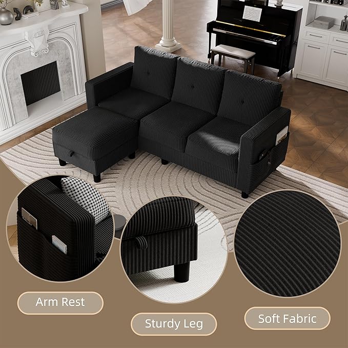 JAMFLY Convertible Sectional Couches for Living Room L-Shaped Couch 3 Seat Sectional Sofa Set with Corduroy Fabric and Movable Ottoman Small Couch for Apartments Office(Black)