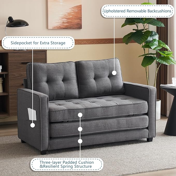 VINGLUpgraded Loveseat Sleeper 53.5W 83L Convertible Sofa Bed Couch Futon Couches for Living Room Twin Folding Couch Bed for Small Spaces Foldable Floor Gaming Sofa Bed for Basement Dark Grey