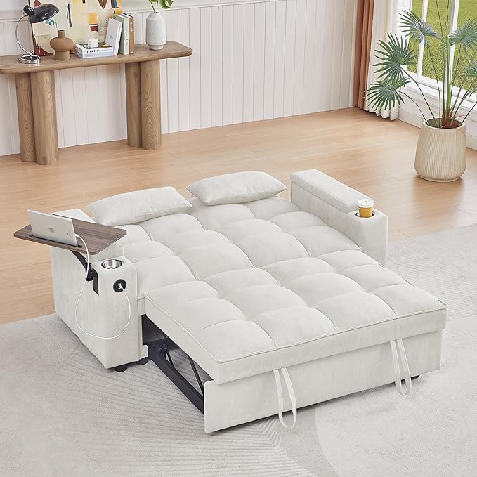 65'' Convertible Sleeper Sofa Bed with Pull-Out Design 3-in-1 Modern Chenille Fabric Couch with 360° Swivel Side Table Queen Size Easy Assembly for Living Room White