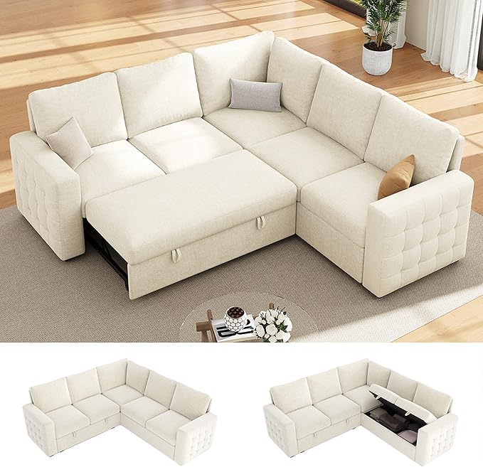 86 Sectional Sleeper Sofa Bed Sleeper Couch with Pull out Bed L Shaped Couch with Storage Modular Sectional Sofa Sectional Couches for Living Room&ampApartment Convertible Sofas Beige Couches