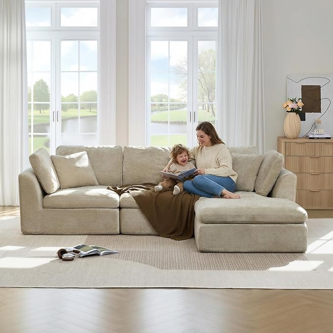 CHITA 108 Cloud Sectional Couches for Living Room Boneless L-Shape Sofa with Ottoman 3 Seater Modular Sectional Sofa Brownish Gray