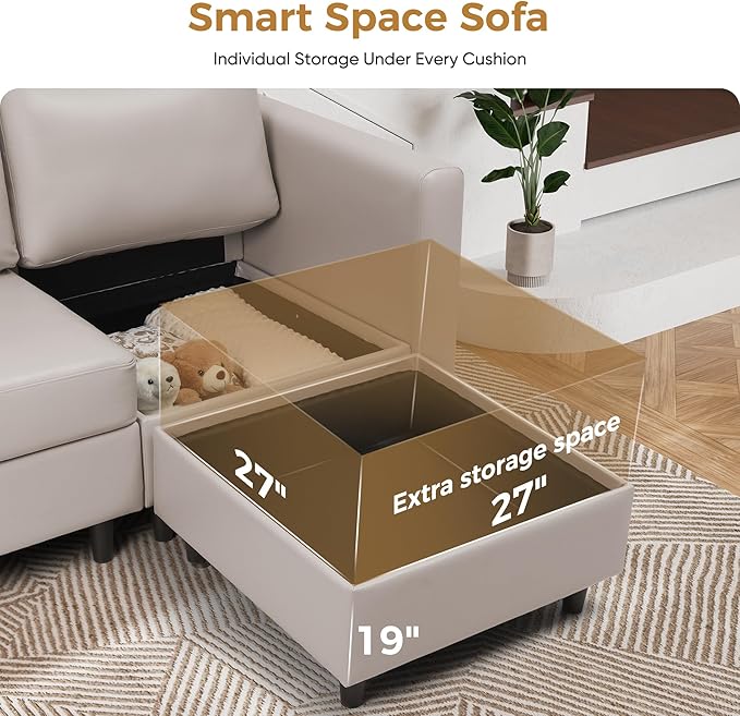 ABCASA 64.6 Faux Leather Loveseat Sleeper Sofa Bed with Storage Seat Modern Modular Sectional Couch Deep Seat with Reversible Chaise 2-Seat Whitesand for Apartment Living Room Bedroom