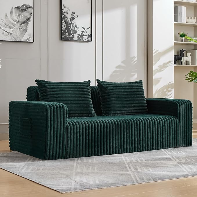 Boneless Couch Sofa 2-Seater Foam Sofa Love Seat Furry with 2 Pillows &amp 2 Side Pockets for Living Room (Green)