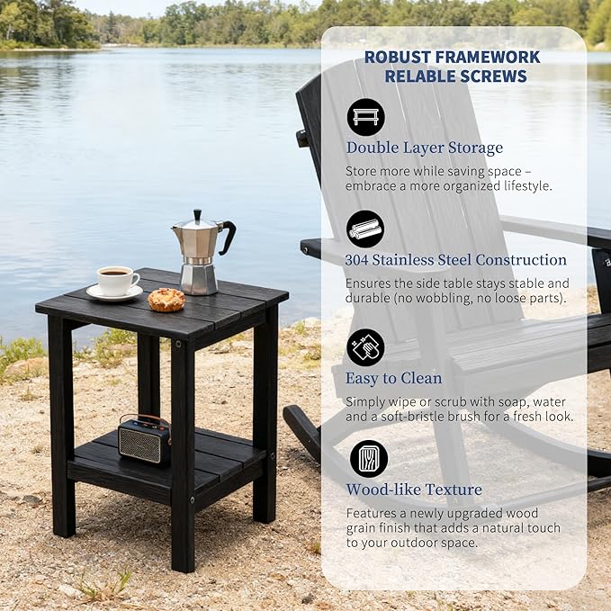 Outdoor Side TableDouble Layer Small Side TablesAll Weather Adirondack Side Table Waterproof Outdoor End Tables for PatioPoolPorch (Black)
