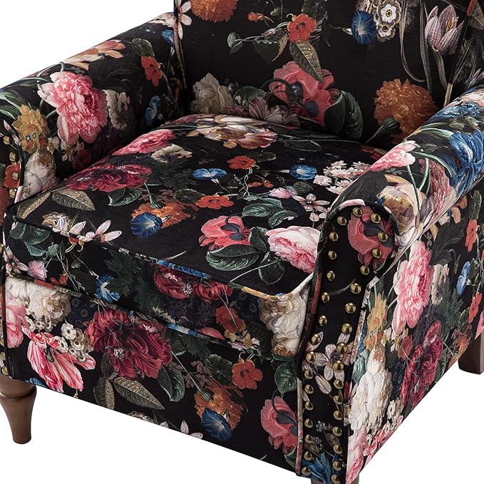 Wingback Accent Chair with Wood Legs Modern Comfy Upholstered Armchair with Removable Cushion and Nailhead Trim Floral Pattern Single Sofa Reading Chair for Living Room Bedroom