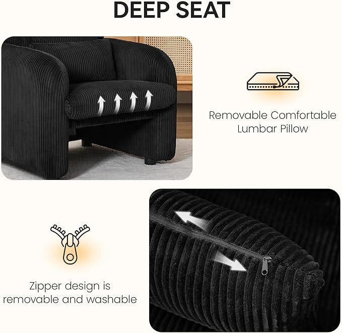 Modern Accent Chair Comfy Upholstered Corduroy Armchair Stylish Lounge Reading Chair for Living Room Bedroom Black