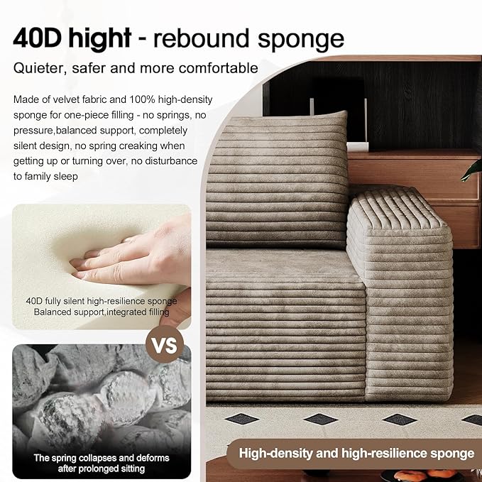 63.4 Boneless Corduroy Modular Couch with Deep Seat Memory Foam Comfy Small Cloud Couch for Small Spaces No Assembly Required Sofa for Living Room Bedroom &amp Apartment (Camel 63inch)