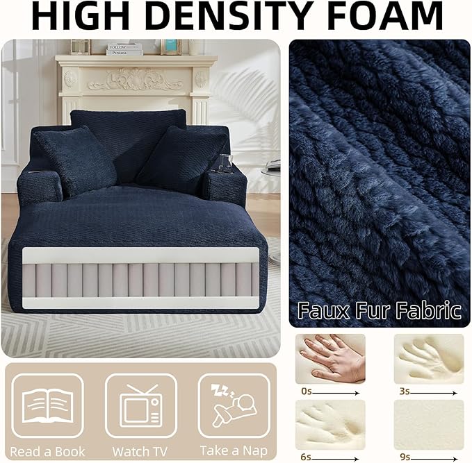 Oversized Chaise Lounge Chair - Upholstered Couch Cloud Boneless CouchDeep Seat Sleeper Sofa with Cup Holders and Side PocketsComfy Reading Chair for Living Room (Dark Blue)