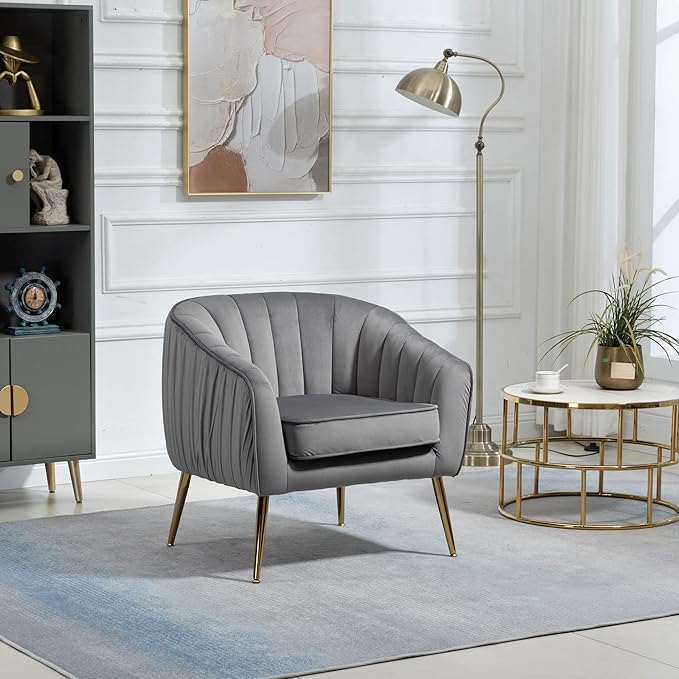 Velvet Accent Chair with Ottoman Modern Tufted Barrel Chair Ottoman Set for Living Room Bedroom Golden ed Grey