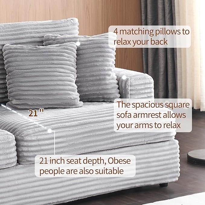 Modern Cloud Couch 3-Seater with 4 Matching Toss Pillows 88.58 Soft Corduroy Sofa with Deep Seat for Small Spaces Living Room Apartment(Grey)