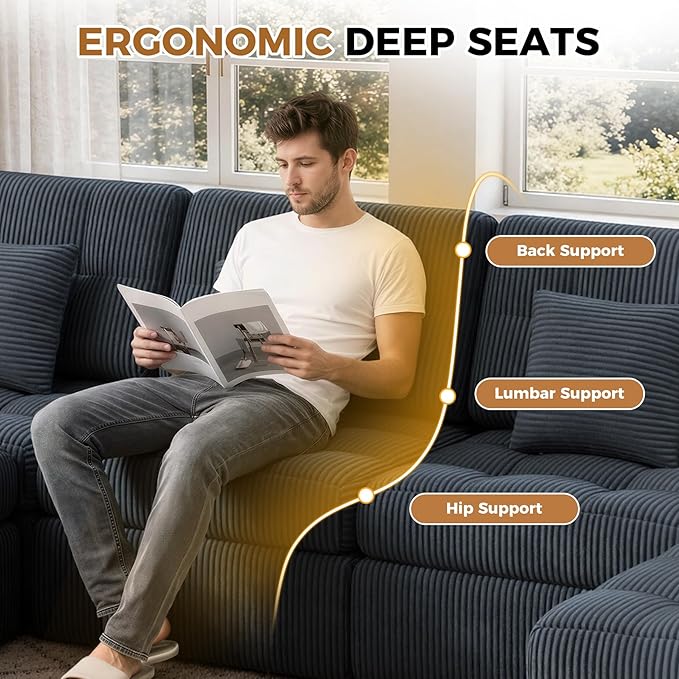 144 U Shaped Cloud Boneless CouchModern Modular Sectional Sofa with Layered CushionNo Assembly Convertible Corduroy Couches for Living RoomGrey 1 PCS