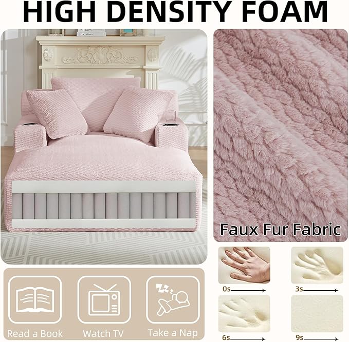 Oversized Chaise Lounge Chair - Upholstered Couch Cloud Boneless ChairDeep Seat Sleeper Sofa with Cup Holders and Side PocketsComfy Reading Chair for Living Room (Pink)