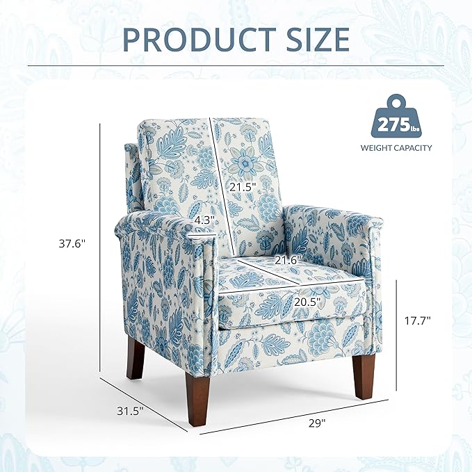 Accent Chair Set of 2 Modern Floral High Back Upholstered Armchair with Solid Legs for Living Room Spring-Padded Cushion and Removable Back Cushion Bedroom Reading Single Sofa Chair Blue