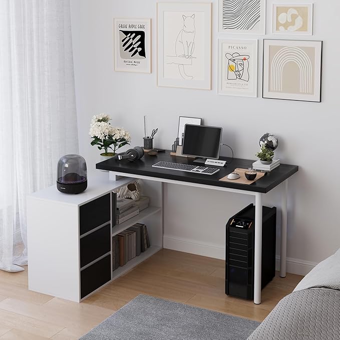 L Shape Small Desk - Computer Corner Desk with 3 Drawers and 2 Shelves 53 inch Home Office Table with Storage Cabinet for Gaming Writing Study White+Black