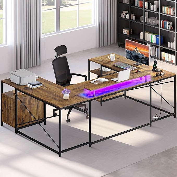 DWVO U Shaped Desk with Drawers 79 Reversible L Shaped Desk with Power Outlets &amp LED Lights Corner Computer Desk with Monitor Stand &amp Storage Shelves Rustic Brown