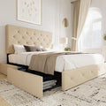 Allewie Upholstered Full Size Platform Bed Frame with 4 Storage Drawers and Headboard Diamond Stitched Button Tufted Mattress Foundation with Wooden Slats Support No Box Spring Needed Beige