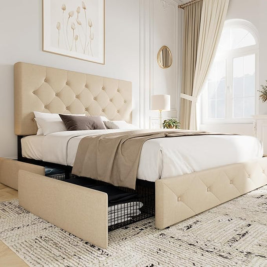Allewie Upholstered Full Size Platform Bed Frame with 4 Storage Drawers and Headboard Diamond Stitched Button Tufted Mattress Foundation with Wooden Slats Support No Box Spring Needed Beige