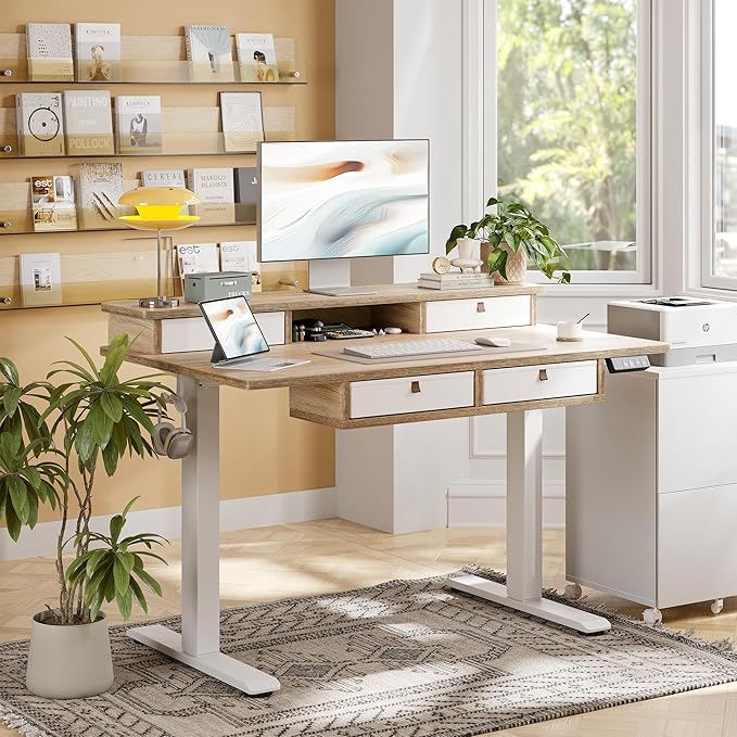 TIQLAB 48 * 28 Inch Standing Desk with Four Drawers Electric Sit Stand Table Stand Up Desk Adjustable Height with Storage Shelf Splice Board Maple