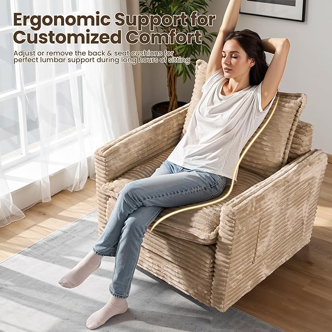 Swivel Accent Chair Set of 2 Modern Sofa Chairs for Living Room Plush Upholstered Cloud Chair with Double Layer Thick Cushions Bedroom Reading Nook Armchair Beige