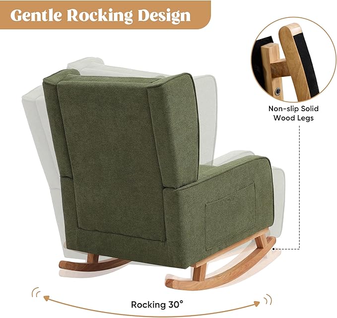 Nursery Rocking Chairs Rocking Chair Nursery for Mom Nursery Rocker with High Backrest and Solid Wood Legs Modern Wingback Accent Rocking Chair for Reading Living Room Bedroom Green