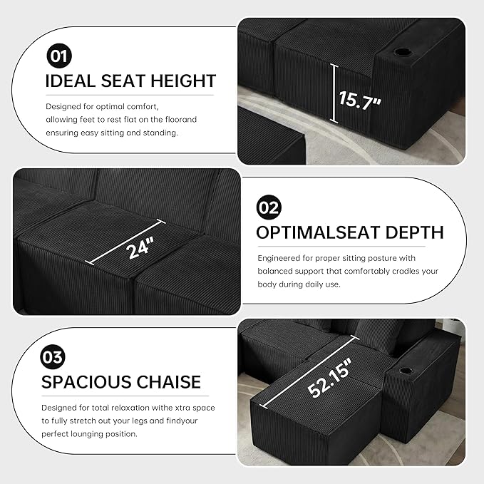 Cloud Modular Sectional CouchBoneless Corduroy Sofa for Living RoomU Shaped Sofa with OttomanDeep SeatNo Assembly Required (Black U Shaped 3 Seater + 2 Ottoman)