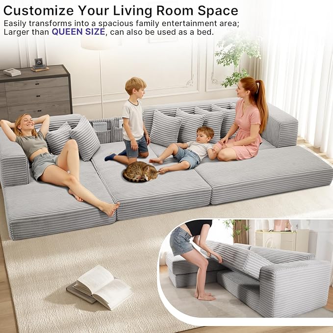 110 Boneless Couches for Living Room Cloud Modular Sectional Sofa Bed Customizable Convertible Sleeper Sofa Plush Corduory Folding Futon Floor Couch No Assembly(Light GreyRight)
