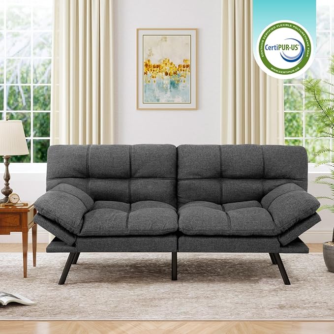 MUUEGM 71 Futon Sofa Bed with Memory FoamFuton Couch with Adjust Backrest and Armrest Couches Bed for Living RoomStudios Apartments Dormitories Offices and Game Rooms. Dark Gray Sofa Bed