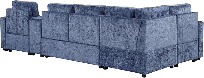 120.5 L-Shaped Convertible Sofa Bed with Pull-Out Bed Chenille Modular Sectional Sofa Reversible Sleeper with Cup Holders and Ample Storage Space for Living Room (Blue-120.5D)
