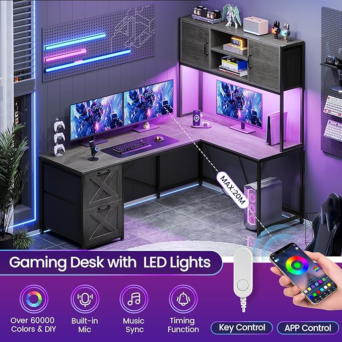 SEDETA L Shaped Gaming Desk Reversible Computer Desk with Fabric Drawers and Power Outlet Gaming Desk with Led Lights Hutch and Storage Shelf for Home Office Grey
