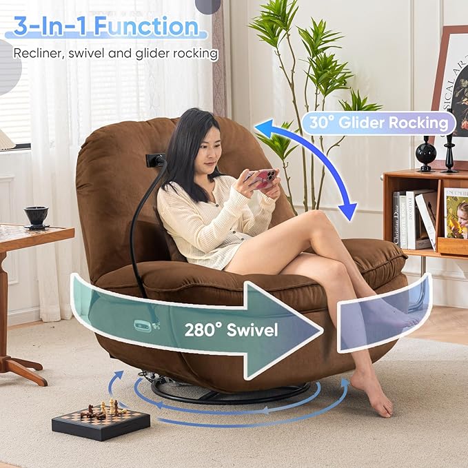 Oversized Electric Recliner Chair 360 Swivel Rocking Glider Rocker for Adults Modern Ergonomic Lounge for Living Room Phone Stand&amp Smart Voice Control Theater Seating (Brown Fabric)