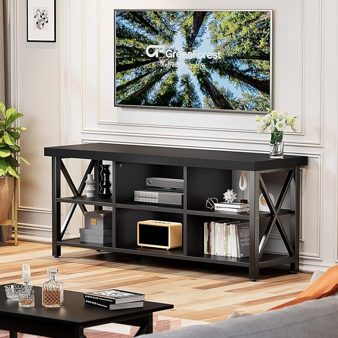 GreenForest TV Stand for TV up to 65 inches Entertainment Center with 6 Storage Cabinet for Living Room 55 inch Farmhouse Television Stands Console Table Industrial TV stands for Living Room Black