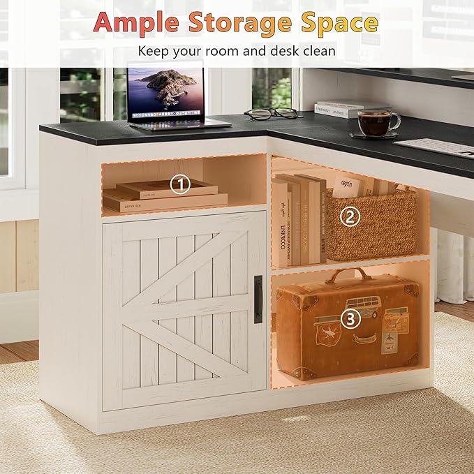 TVU Farmhouse L Shaped Desk with Drawers 62.2 Home Office Desk with Storage Shelves and Power Outlet L Shaped Computer Desk with Monitor Stand and Printer Shelf Black and White