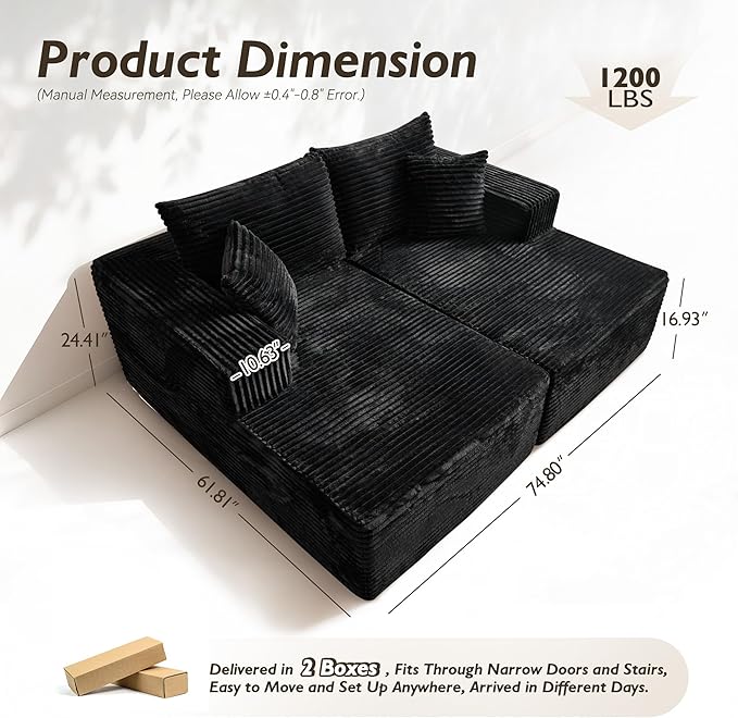 Weaxty Oversized Chaise Lounge Chair Indoor 81 Cloud Plush Modular Sectional Sofa Bed Modern Loveseat Sleeper Chair Fluffy Sofa for Living Room Bedroom No Assembly Required 2PCS Black