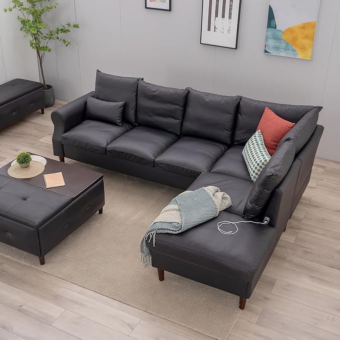 Panana 6 Seats Sectional Sofa Right Corner L Shaped Couch With USB Charging Port Chaise (Black Leathaire 6 Seater Right Corner With Chaise)