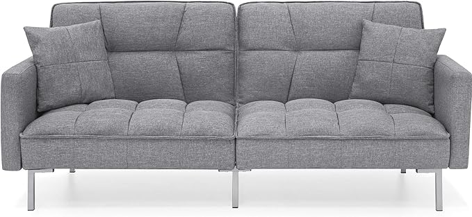 Best Choice Products Convertible Linen Fabric Tufted Split-Back Plush Futon Sofa Furniture for Living Room Apartment Bonus Room Overnight Guests w/ 2 Pillows Wood Frame Metal Legs - Dark Gray