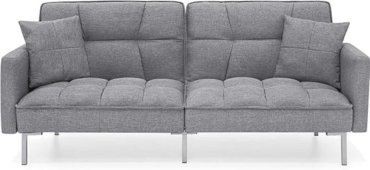 Best Choice Products Convertible Linen Fabric Tufted Split-Back Plush Futon Sofa Furniture for Living Room Apartment Bonus Room Overnight Guests w/ 2 Pillows Wood Frame Metal Legs - Dark Gray