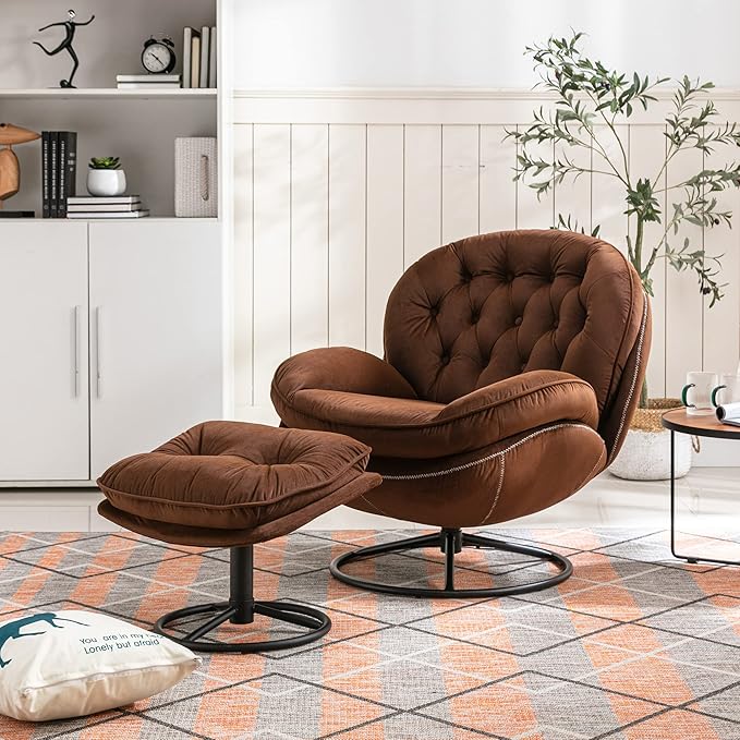 Velvet Accent Chair with Ottoman Comfy Armchair with Footrest Modern TV Chair Living Room Chair for Living Room Bedroom Home Office Metal Base Frame (360 Degree Swiveling Brown)