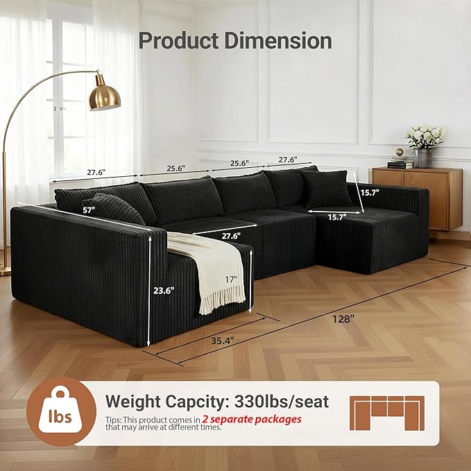 128 U-Shaped Boneless Couch Modern Sectional Modular Couch with Double Chaise Deep Seat Boneless Couches for Living Room Bedroom No Assembly Required Blck