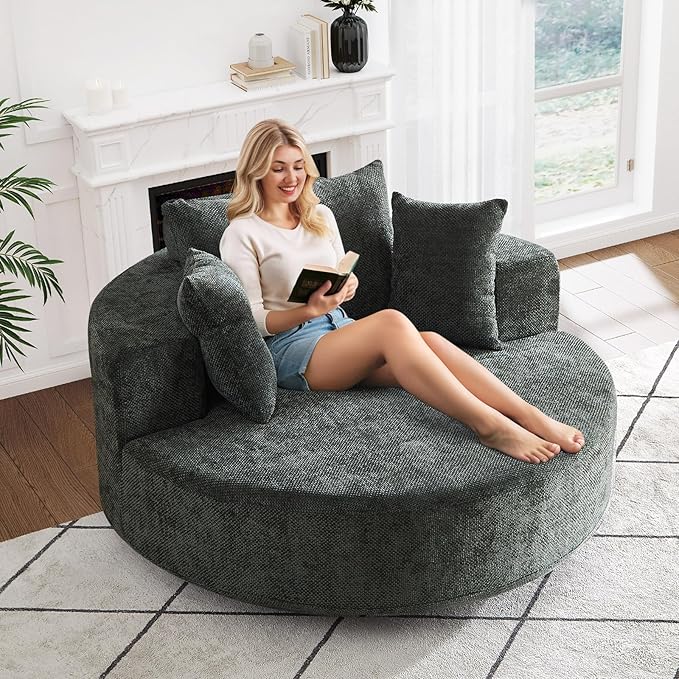 Oversized Round Swivel Chaise Longue Chair Indoor Modern 55-inch 360 Degree Swivel Upholstered Waffle Chenille Deep Seat Circle Single Cloud Sofa Chair for Living Room Bedroom Apartment Office Green
