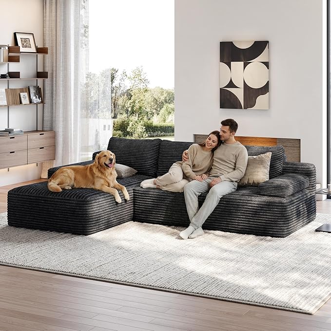 Yaheetech 110 Modular Sectional Sofa Corduroy Boneless Couch with Chaise L-Shape Cloud Couch with Detachable Pillows No Assembly Sofa for Living Room Dark Gray