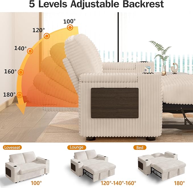 Vipbear 65 Loveseat Sleeper Sofa with Pull Out Bed Plush Corduroy 3-in-1 Convertible Sofa Bed with Reclining Backrest|USB Ports|Cup Holders|Side Table|Storage Armrests Tool Free Assembly Beige