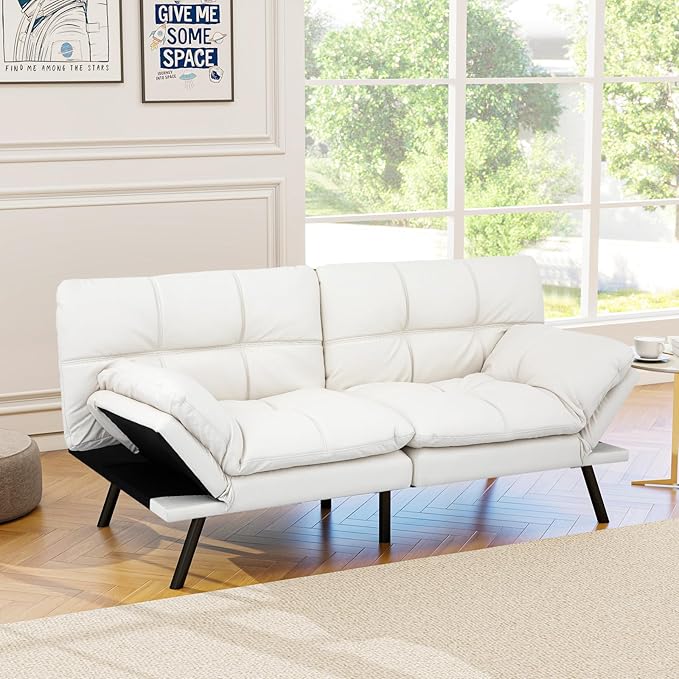 Opoiar Futon Sofa Bed Modern Memory Foam Sleeper Sofa Convertible Couch Adjustable Armrest&ampBackrest Black Leather Futon for Living SpaceApartmentOffice Sofabed
