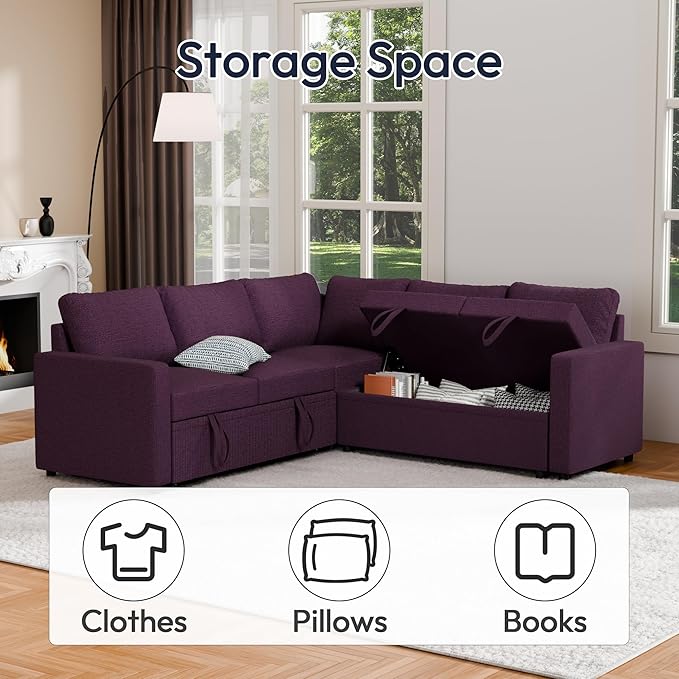 FONTOI Sleeper Sofa Bed Modular Sectional Couch with Pull Out Bed L Shaped Sectional Convertible SofaBed with Storage Seat for Living Room Apartment Bedroom Office Purple Linen