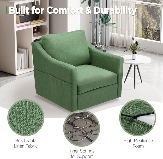 HOMREST Swivel Accent Chair Sets of 2 360° Rotation Linen Fabric Armchair Modern Barrel Chairs with Lumbar Pillow for Reception Living Room Bedroom Home and OfficeGreen