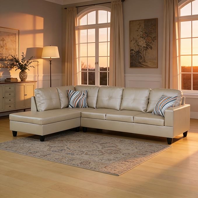 103.5 Inch Modern L-Shaped Couch PU Leather Sectional Sofa with Chaise Lounge 4-Seater Couch with Accent Pillows for Living Room Apartment Bright Light Grey