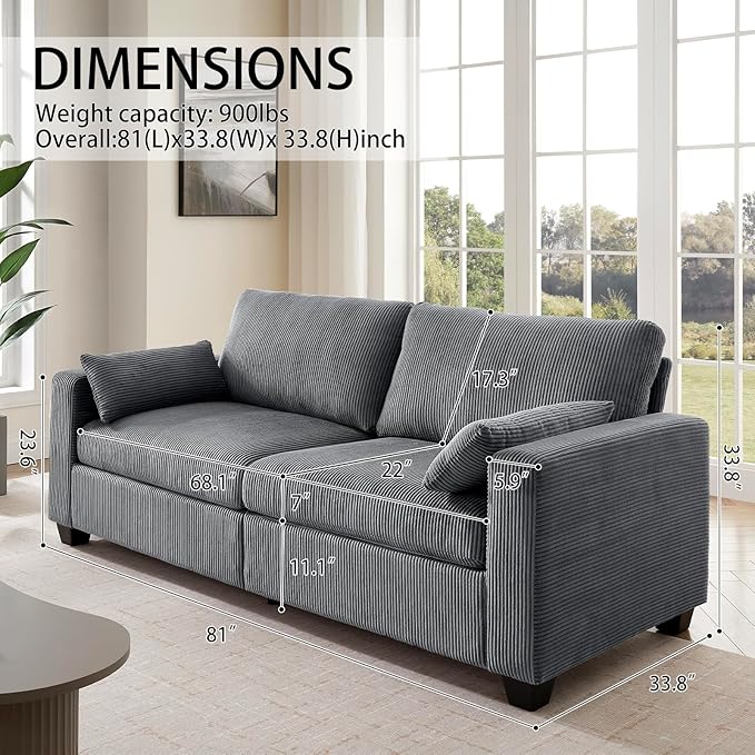 Modern Loveseat Sofa for Living Room Removable Cover Spring Cushions Solid Wood Frame Wide Armrest Corduroy Fabric Recliner Couches for Small Space (Gray Corduroy 81 inch)