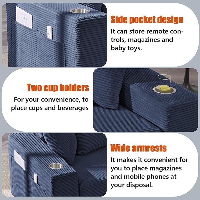 Anwick 2-in-1 Convertible Sleeper Sofa Bed Corduroy Boneless Loveseat Cloud Couch for Living Room Compressed Sofa in a Box 5 Pillows Fixed Frames Side Pockets &amp Cup Holders No Assembly (Blue